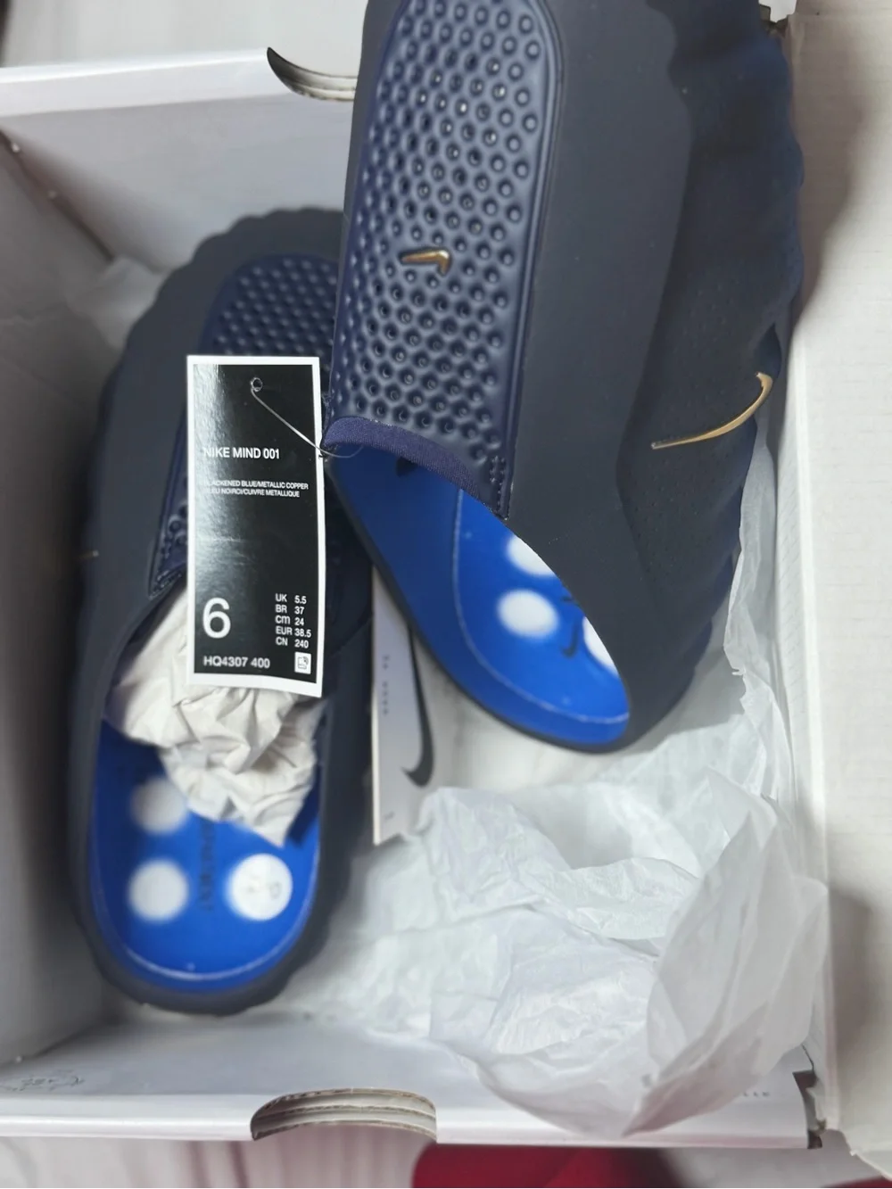 Nike Men's Navy and Blue Slide Sandals with Gold Swoosh